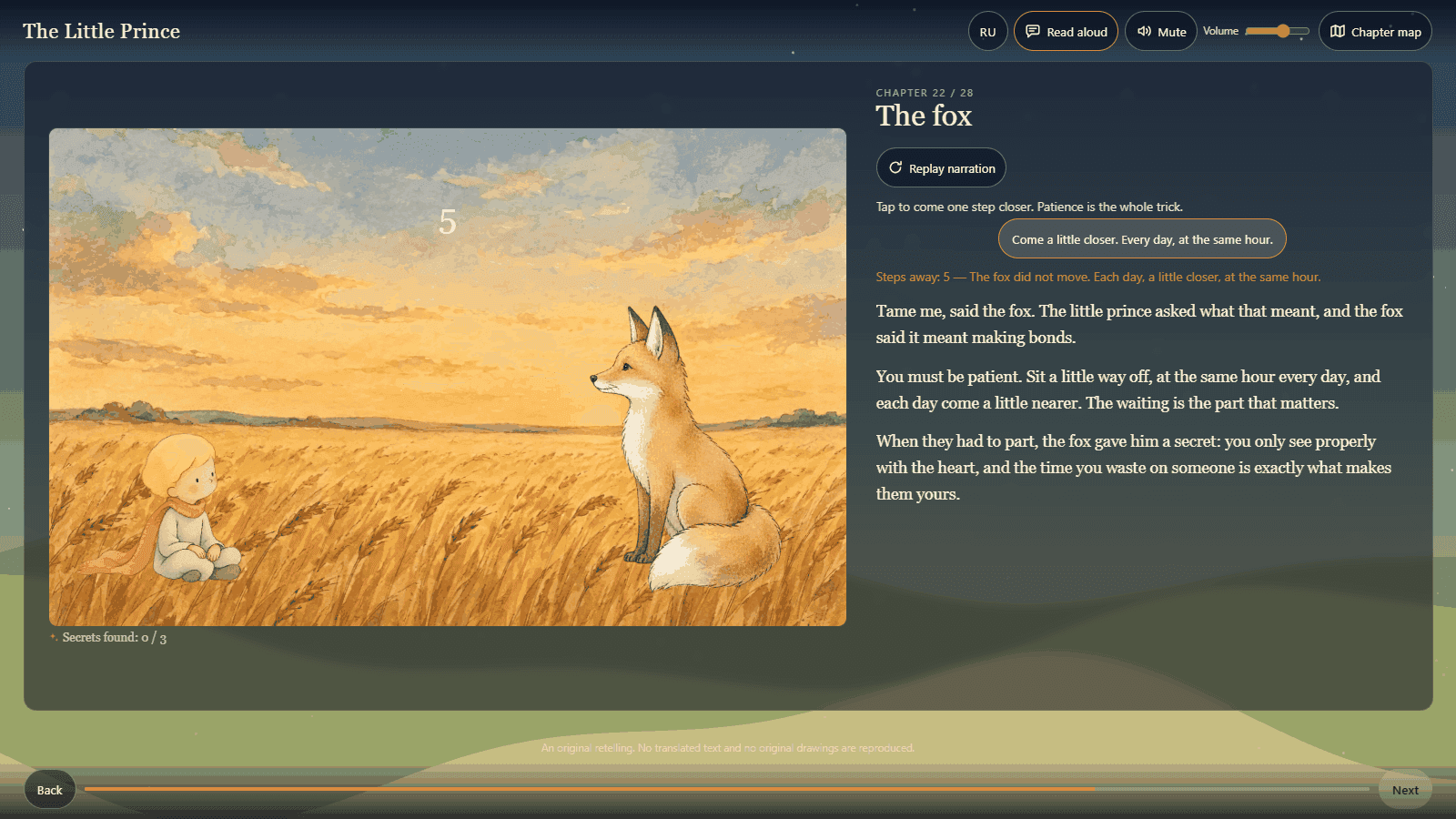 The Little Prince, an interactive tale — A web storybook the agent fleet built chapter by chapter, with watercolour art, music, narration in three languages and something to tap in every scene.